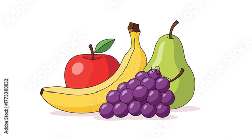 Vibrant cartoon illustration of a fresh fruit assortment with apple, banana, pear, and grapes. Healthy eating and natural food concept