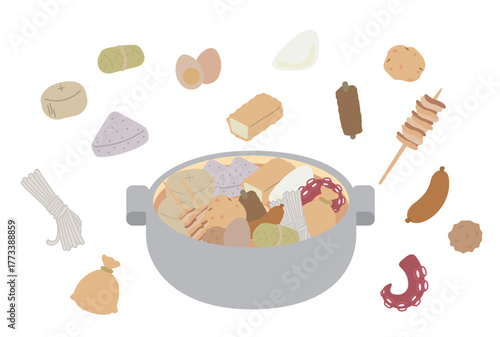 おでん鍋とおでんの具材のイラストセット