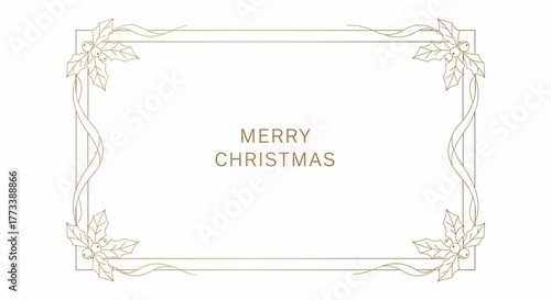 Elegant Merry Christmas Greeting with a Delicate Gold Line Art Holly Frame on White.