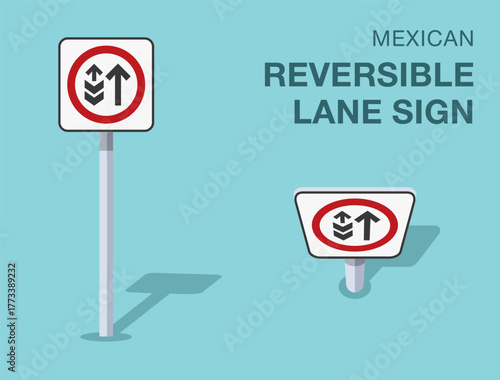 Traffic regulation rules. Isolated mexican "reversible lane" road sign. Front and top view. Flat vector illustration template.