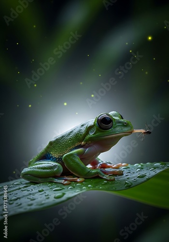 Emerald Amphibian - A Green Tree Frogs Nighttime Vigil on a Dew-Kissed Leaf.