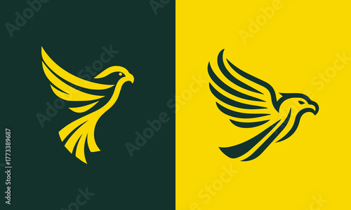 Two golden birds of prey in flight one on a dark green background and the other on a yellow background
