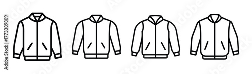 Four bomber jackets lined up side by side outlines for apparel design