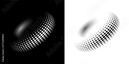 Modern abstract background. Halftone dots in circle form. Spiral logo, icon or design element. Black dots on a white background and white dots on the black side.