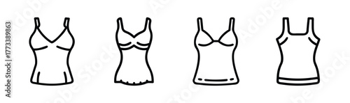 Collection of four distinct camisole styles with thin straps and v-necklines in line art