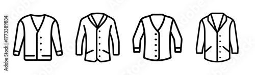 Four cardigan styles front view clothing apparel fashion design simple line art