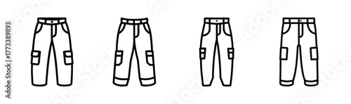 Multiple linear outline drawings of cargo pants side by side