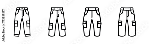 Four hand-drawn style cargo pants icons for fashion and apparel design projects