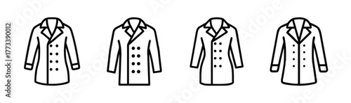 Four similar double breasted coats with collars and button details lined up