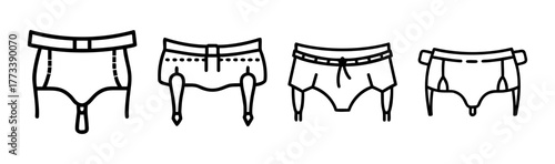 Collection of four hand drawn garter belt designs simple line art fashion accessory sketches