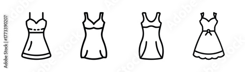 Set of four sketchy line art icons representing delicate lace dresses and chemises