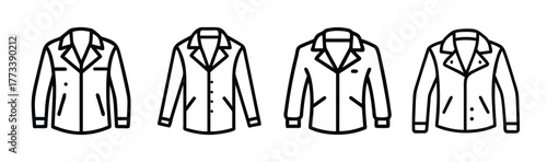 Collection of four stylized jacket icons representing various outerwear styles for fashion design and apparel concepts