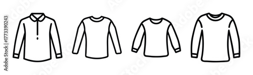 Collection of four outline long sleeve shirts showing different styles and necklines