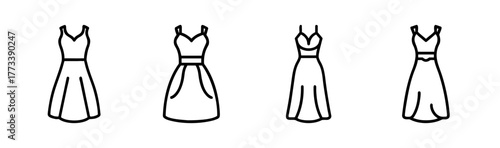 Collection of four distinct line art style mini dresses each with a defined waistband