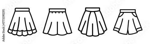 Collection of simple black and white line art sketches of a-line skirts for fashion design