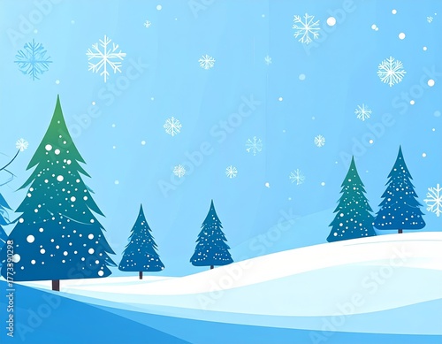 Digital illustration of snowflakes falling against winter landscape with trees