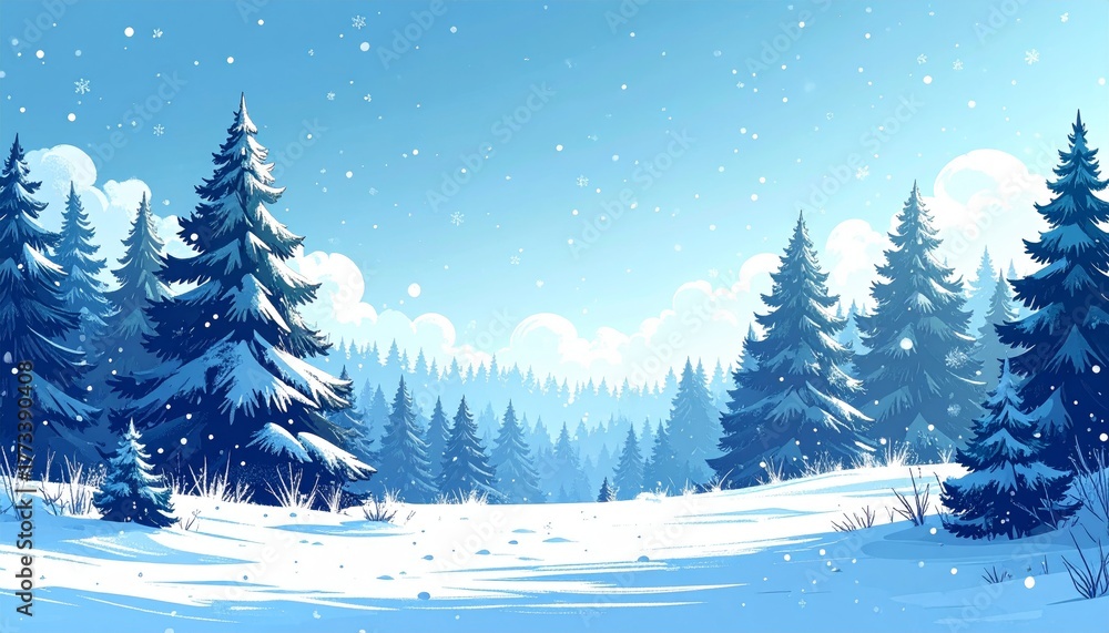 Fototapeta premium Digital illustration of snowflakes falling against winter landscape with trees