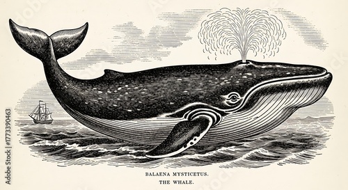 Vintage engraving of a majestic Bowhead Whale spouting water in the ocean, a classic marine biology illustration with a sailing ship