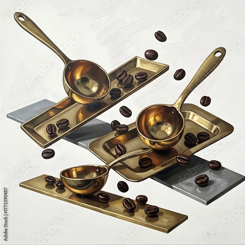 Elegant Coffee Spoons and Beans on Trays Still Life.