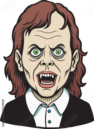 Scary Woman with Red Hair and Vampire Teeth Vector Illustration