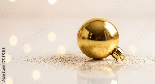 Gleaming Golden Christmas Ornament with Soft Bokeh and Glittery Surface.