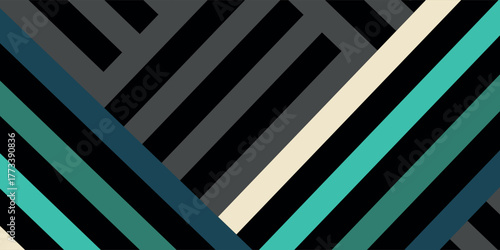 Abstract geometric background with diagonal stripes in teal, cream, and grey on black.
