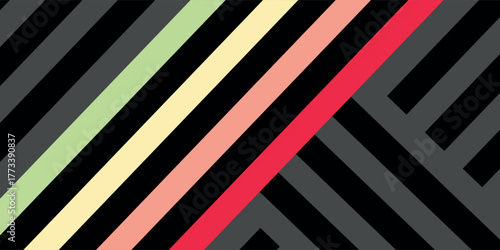 Abstract geometric background with colorful diagonal stripes in retro tones over a dark, textured linear pattern.