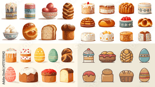 Delicious Easter bread, cake, and egg illustration in warm pastel tones. Traditional holiday bakery set perfect for festive packaging, culinary design, and seasonal celebration projects.