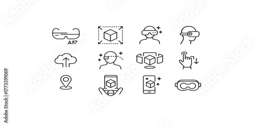 Print  Augmented Reality and Virtual Reality Line Icons — VR headset, AR glasses, 3D model, immersive tech vector
