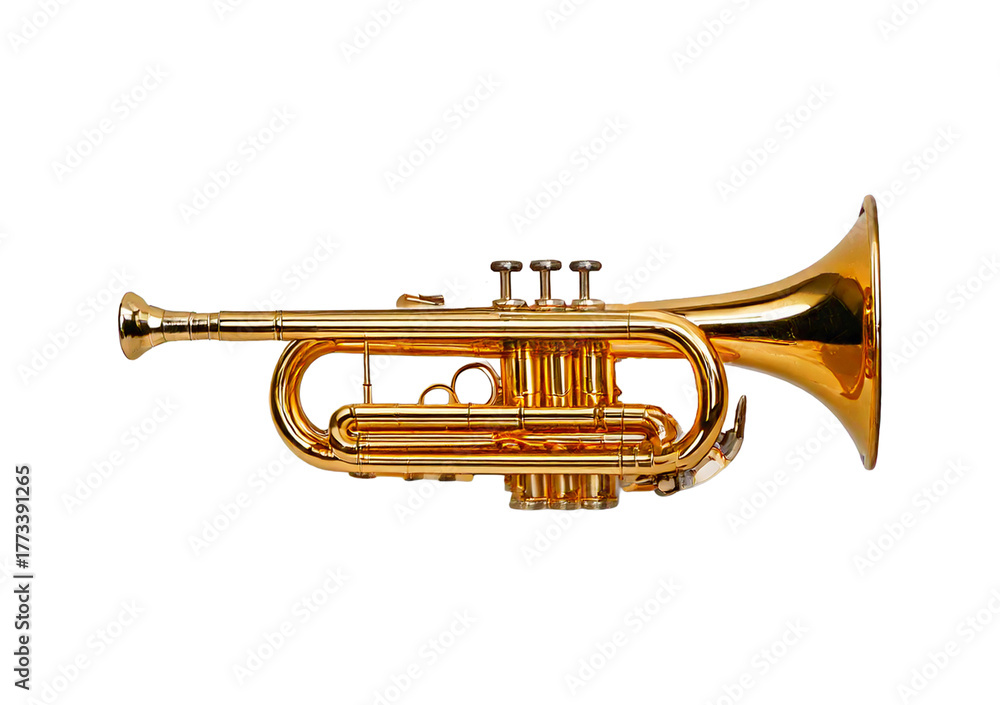 Naklejka premium Golden shiny new metallic brass trumpet music instrument isolated on transparent or white background