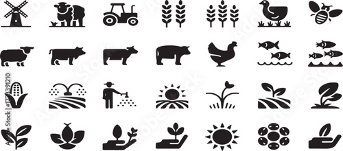 farming icons, agriculture icons, nature icons, glyph icons, silhouette icons, farm animals, livestock icons, cow icon, sheep icon, chicken icon, poultry icons, vector illustration icon design 