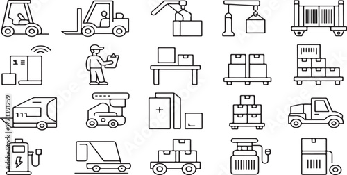 logistics icons, supply chain icons, warehouse icons, transportation icons, shipping icons, delivery icons, cargo icons, freight icons, inventory icons, storage icons, vector illustration icon 