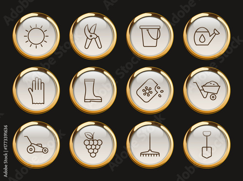garden gold rimmed vector icons. gardening icon set for web and ui design, mobile apps and print products