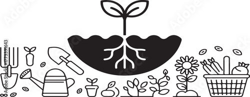 agriculture, farming, gardening, growth, sprout, roots, soil, planting, cultivation, harvest, farm, crops, produce, organic, natural, rural, seeds, tools, shovel, trowel, watering can, carrot, sunflow