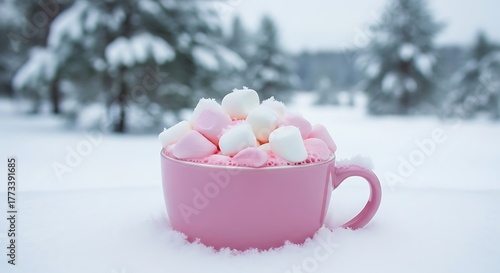 A pink mug full of marshmallows sits in the fresh snow outside.