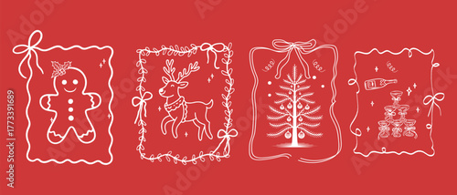 Christmas Frame Illustration Set – Gingerbread, Reindeer, Tree, and Champagne Designs