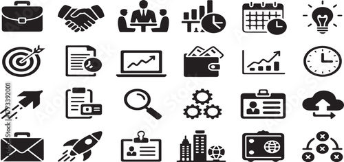 business icons, finance symbols, public facility, wayfinding, corporate growth, marketing strategy, startup, accessibility, restroom signs, emergency pictograms, briefcase, handshake, meeting, target,