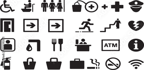 wayfinding icons, public symbols, safety signs, service pictograms, accessibility, universal icons, restroom symbol, disabled access, fire extinguisher, first aid, emergency exit, staircase, escalator