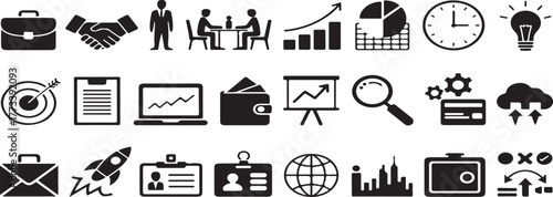 business icons, finance symbols, corporate strategy, marketing, startup, professional, briefcase, handshake, businessman, meeting, team, growth chart, bar graph, target, clipboard, laptop, stock marke