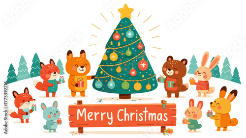 Cute animals celebrate christmas around a decorated tree