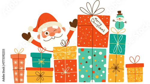 Santa claus with a pile of colorful christmas presents and a snowman