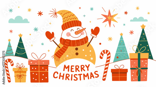 Cheerful snowman and gifts celebrate merry christmas