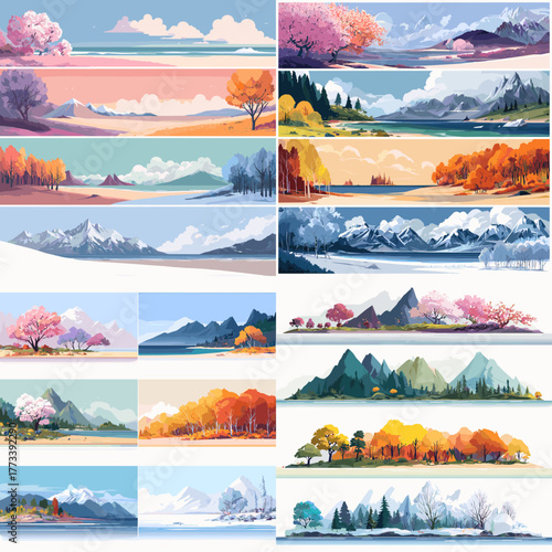 Seasonal mountain panorama illustration showing spring, autumn, and winter landscapes. Scenic nature backgrounds perfect for travel posters, banners, and environmental design.