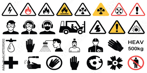 safety, hazard, laboratory, chemical, industrial, PPE, personal protective equipment, caution, warning, sign, mandatory, protection, gloves, glasses, mask, respirator,vector illustration icon design 