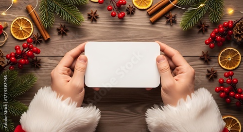 Hands wearing Santa Claus costume holding a blank white card with festive decorations