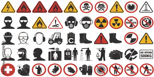 safety, hazard, warning, industrial, PPE, personal protective equipment, health, security, caution, danger, sign, symbol, regulation, prohibition, mandatory, vector illustration icon 