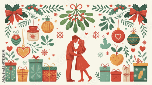 Romantic couple under mistletoe surrounded by gifts and ornaments