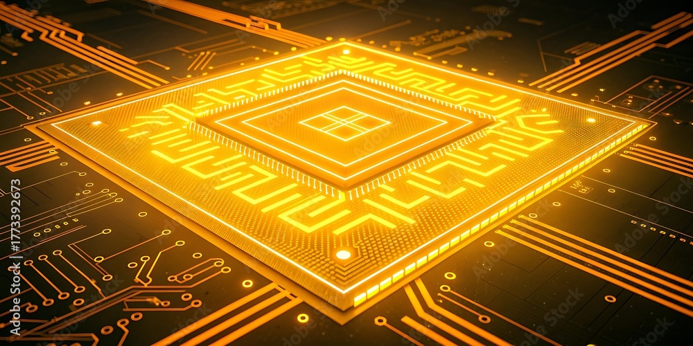 Fototapeta premium Closeup of a glowing golden microchip or processor on a circuit board with intricate details.