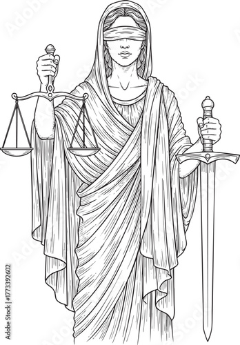 Engraving style line art of blindfolded Lady Justice holding balanced scales and a sword.