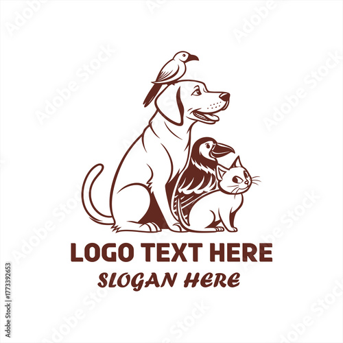 Pet Care Logo Design with Dog, Cat, and Bird Illustration – Veterinary, Animal Clinic, or Pet Shop Branding